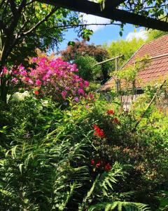 a garden with colorful flowers and a house at La chartrie in Sartilly