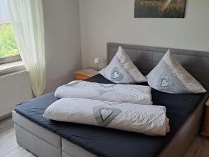 a bedroom with two beds with pillows on them at Ferienwohnung Fischer in Heringhausen