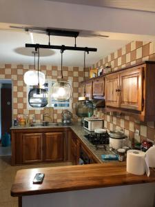 - une cuisine avec des placards en bois et un comptoir dans l'établissement Villa Amour, à La Plaine-des-Palmistes