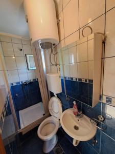uma casa de banho com um WC, um lavatório e um chuveiro em Apartments HN em Igalo