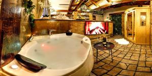 帕爾杜比採的住宿－BIRDIE Pension & Wellness，带壁炉的客房内的大浴缸