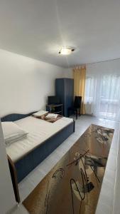 a bedroom with a bed and a desk in it at La Perla in Moieciu de Sus