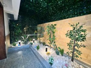 a garden with trees and lights next to a wall at luxury flat with garden and private entrance شقة فاخرة بحديقة و مدخل خاص in Cairo