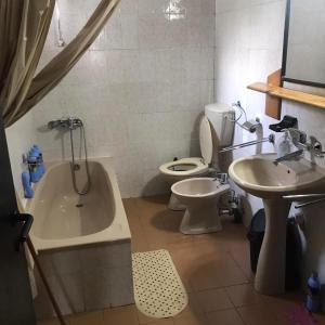 La salle de bains est pourvue d'une baignoire, de toilettes et d'un lavabo. dans l'établissement HOSTEL EMI, à Kavadartsi