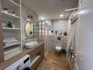 ein Badezimmer mit einem Waschbecken, einem WC und einem Spiegel in der Unterkunft Naujas 2 kambarių butas in Vilnius