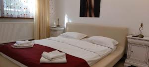 ガラツィにあるApartament Mariaのベッドルーム1室(ベッド1台、タオル2枚付)