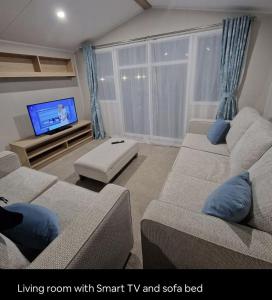 a living room with a couch and a tv and sofa bed at Luxuary Static Caravan Sleeps 6 Coopers Beach - Luxurious Get Away in East Mersea