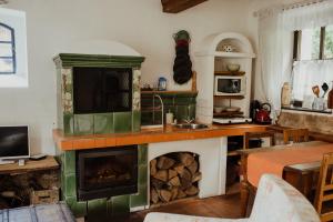 a kitchen with a stove with a fireplace in it at Statek Veberovi in Semily