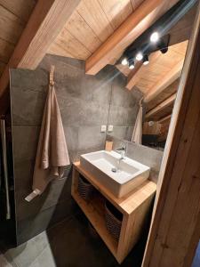 uma casa de banho com um lavatório branco e um chuveiro em Chalet Le Yéti de Villard 14 Prs - Domaine Alpe d'Huez - Bain nordique em Villard-Reculas