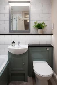 a bathroom with a sink and a toilet and a mirror at Rosehip Cottage in Holbeton