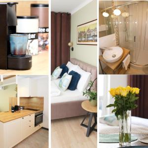 un collage de photos d'une chambre d'hôtel dans l'établissement Falcon Apartment Center 3 Królewska, à Varsovie