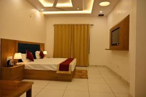 ein Schlafzimmer mit einem Bett und einem TV in der Unterkunft Shiva Palace by Golden Leaf Hotels in Haldwani-Kathgodam
