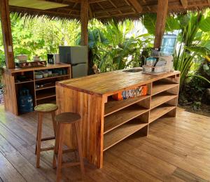 a wooden counter with two stools and a bar with shelves at Three Little Birds Hostel in General Luna