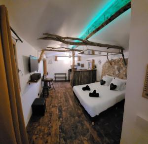 1 dormitorio con 1 cama y TV en LOVE Room Danslesbois avec spa en Cuges-les-Pins