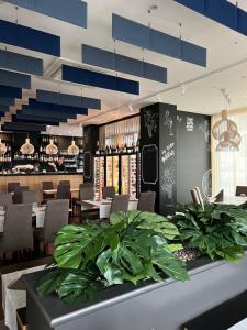 a restaurant with tables and chairs and plants at Rotonda in Gordola