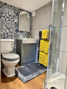 a bathroom with a toilet and a sink and a shower at Oak View Lodge: Cosy, Countryside Retreat in Maybole