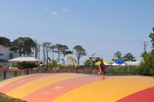 a person walking on a skateboard ramp with a kite at Jellystone Park Chincoteague Island in Chincoteague