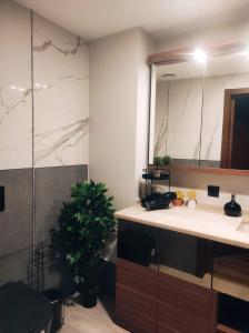 a bathroom with a sink and a mirror at SABIHA GOKCEN HOTEL İSTANBUL HOUSES in Istanbul