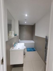 a bathroom with a white toilet and a sink at Amazing Canterbury 1 BR Flat in London CB54 in Croydon