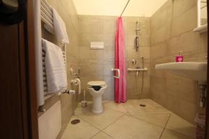 Laureana CilentoにあるAgriturismo Terra E Mareのバスルーム(トイレ、ピンクのシャワーカーテン付)