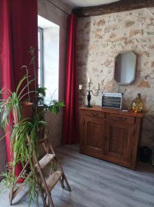 una camera con mobile in legno, televisore e piante di La maison de Zélie a Larnagol
