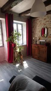 una habitación con cortinas rojas y macetas. en La maison de Zélie, en Larnagol