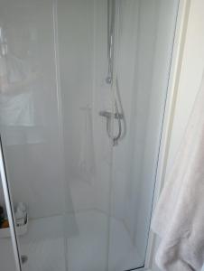 a bathroom with a shower with a glass door at 19 Chaffron in Hull