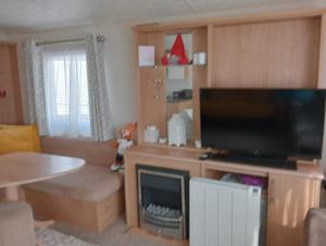 a living room with a flat screen tv and a fireplace at 19 Chaffron in Hull