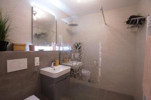W łazience znajduje się biała umywalka i prysznic. w obiekcie WohlfühlOase in Zülpich w mieście Zülpich