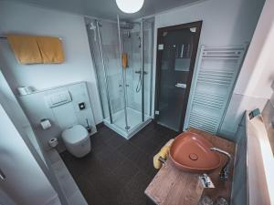 La petite salle de bains est pourvue d'une douche et de toilettes. dans l'établissement Restaurant Hotel Goldener Adler, à Emden