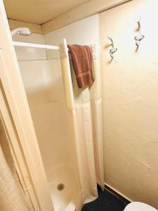 a bathroom with a shower and a towel at Acorn Hideaways Canton Secluded Sherlock Holmes Suite King Bed in Canton