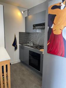 uma cozinha com um quadro de uma mulher na parede em Appartement Studio 35 m2 face à l'Ocean em Saint-Brévin-les-Pins