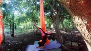 Een vrouw doet yoga op een net in het bos. bij Wellness & Fitness In Life Rejuvenating Kubo La Union 
