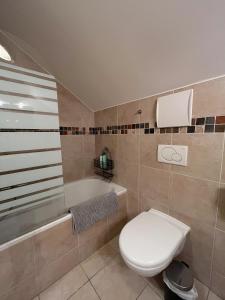 a bathroom with a toilet and a bath tub at BnB La Clemonie in Arzier