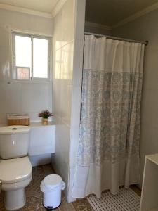 a bathroom with a toilet and a shower curtain at Casa en entorno natural in Curicó