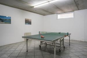 Giongo Residence Aparthotel 101 في لافاروني: طاولة بينج بونغ في غرفة بها كرة تنس طاولة
