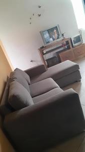 uma sala de estar com um sofá e uma televisão em Meu cantinho em Tiradentes