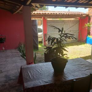 una mesa con una maceta en un patio en Casa de Praia en Ilhéus