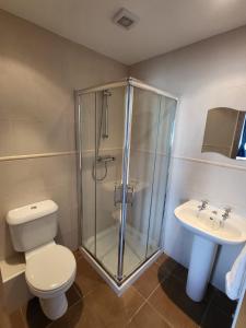 een badkamer met een douche, een toilet en een wastafel bij Wild Atlantic Apartments Port House Letterkenny in Letterkenny