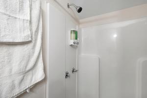 a bathroom with a shower with white towels at The Gateway Studio In the heart of Tampa in Tampa +18 photos