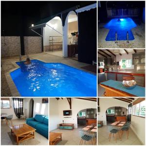 un collage de quatre photos d'une piscine dans l'établissement Maison d'une chambre avec piscine partagee jardin clos et wifi a Petit Bourg, à Petit-Bourg