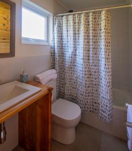 a bathroom with a toilet and a shower curtain at Hostal Vuelta al Sur in Puelo