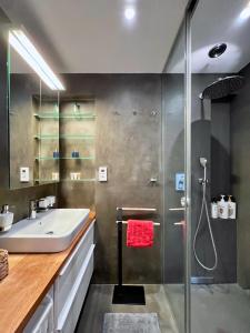łazienka z umywalką i prysznicem w obiekcie Jana's apartment, free parking w Pradze +30 zdjęć