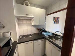 una pequeña cocina con armarios blancos y fregadero en Immodelpas Madriu, en Pas de la Casa