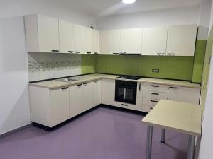 a small kitchen with white cabinets and green walls at VILLA CAISULUI Dobroesti in Bucharest