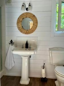 a bathroom with a sink and a mirror and a toilet at Driftwood Dreams Garden Cabin in Lyminster