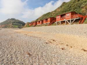 rząd czerwonych domów na kamienistej plaży w obiekcie Kestrel w mieście Seaton