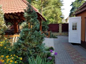 a garden with a christmas tree in a yard at Ardilla in Lhota