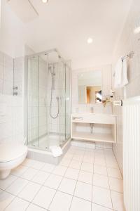 a white bathroom with a shower and a toilet at Hotel Kronprinz in Greifswald