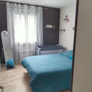 - une chambre avec un lit bleu et un miroir dans l'établissement Chambre chez l habitant 2, à Moumour